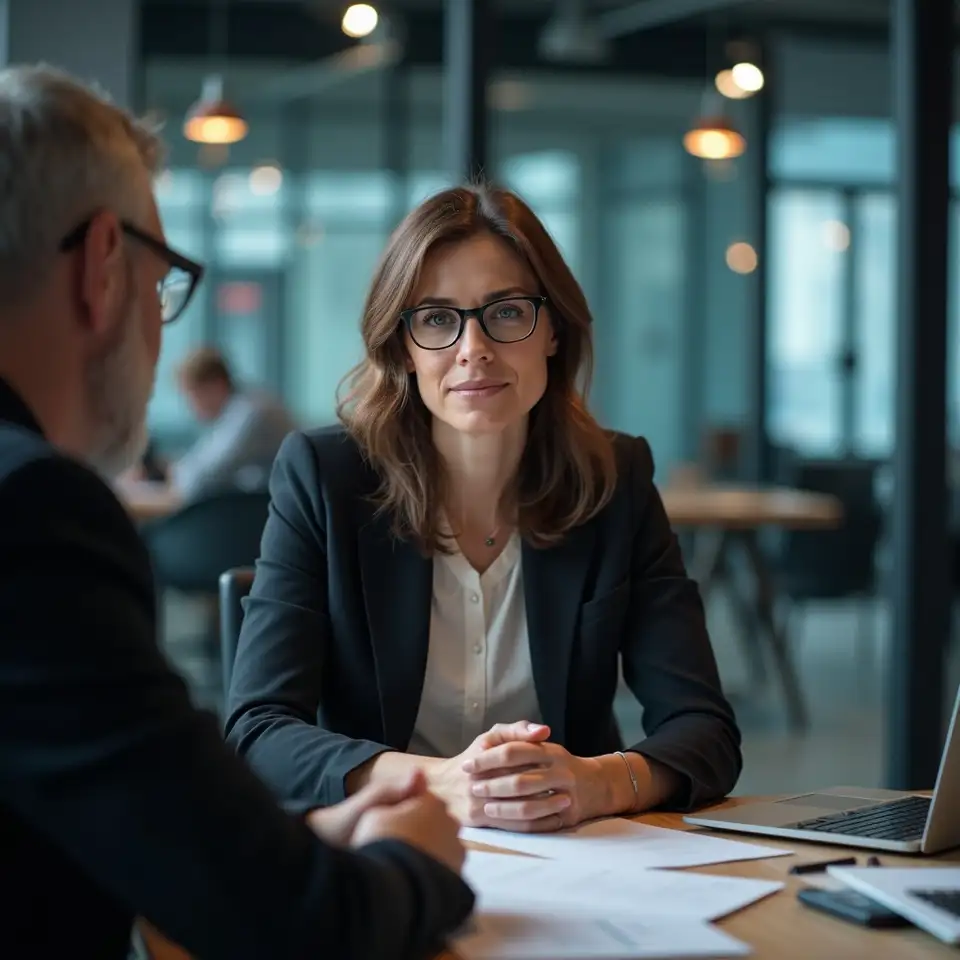 Anna, Lead Consultant, koordiniert ein Teammeeting zur Prozessoptimierung